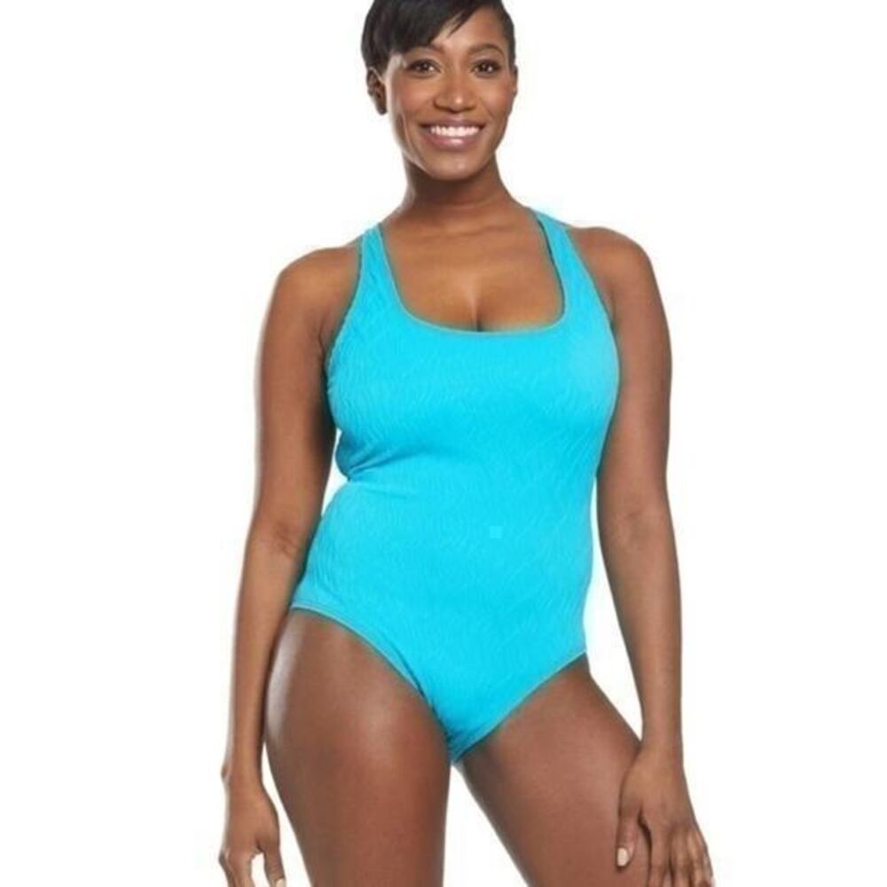 Athena Wave After Wave Tank One Piece Textured Blue Lagoon Swimsuit Size 14 NWT